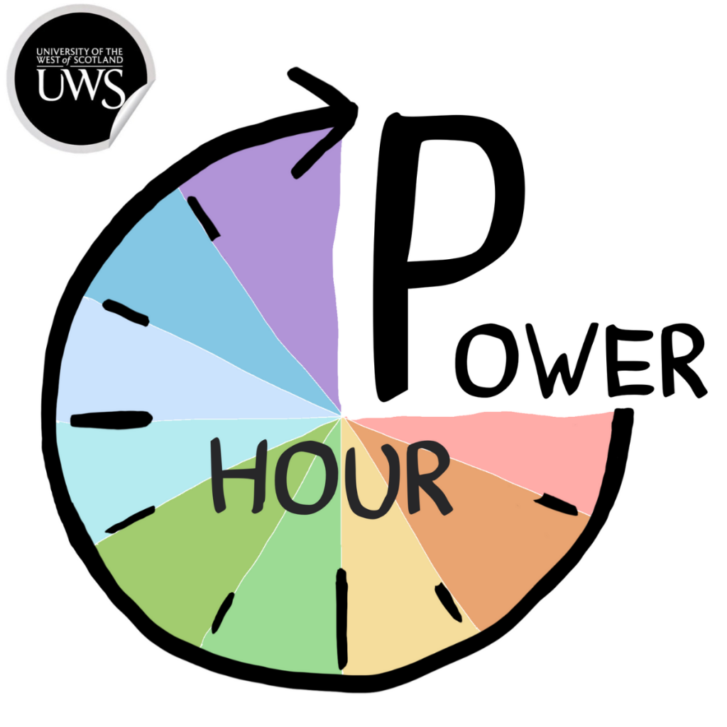 The Power Hour logo. A clock face with an arrow from 3 to 12 - the clock face is separated into rainbow colours and it reads Power Hour. 